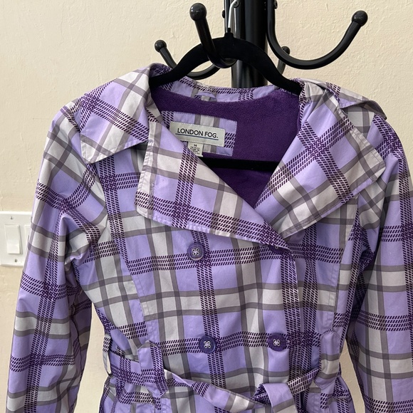 Purple lavender grey plaid belted fitted fleeced lined hooded winter jacket - Picture 5 of 16